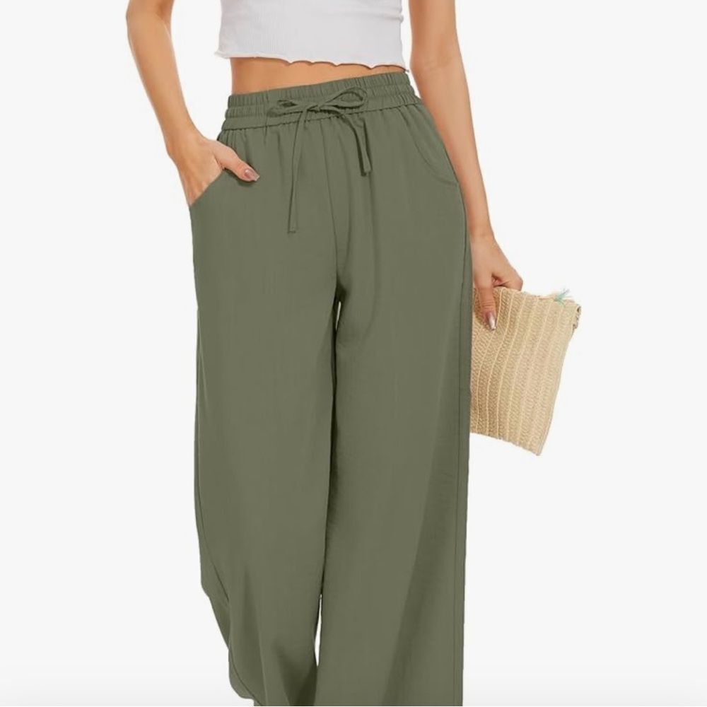 Kiczoy women’s high waist‎ wide leg pants, draw string tie, size XS Green NWT
